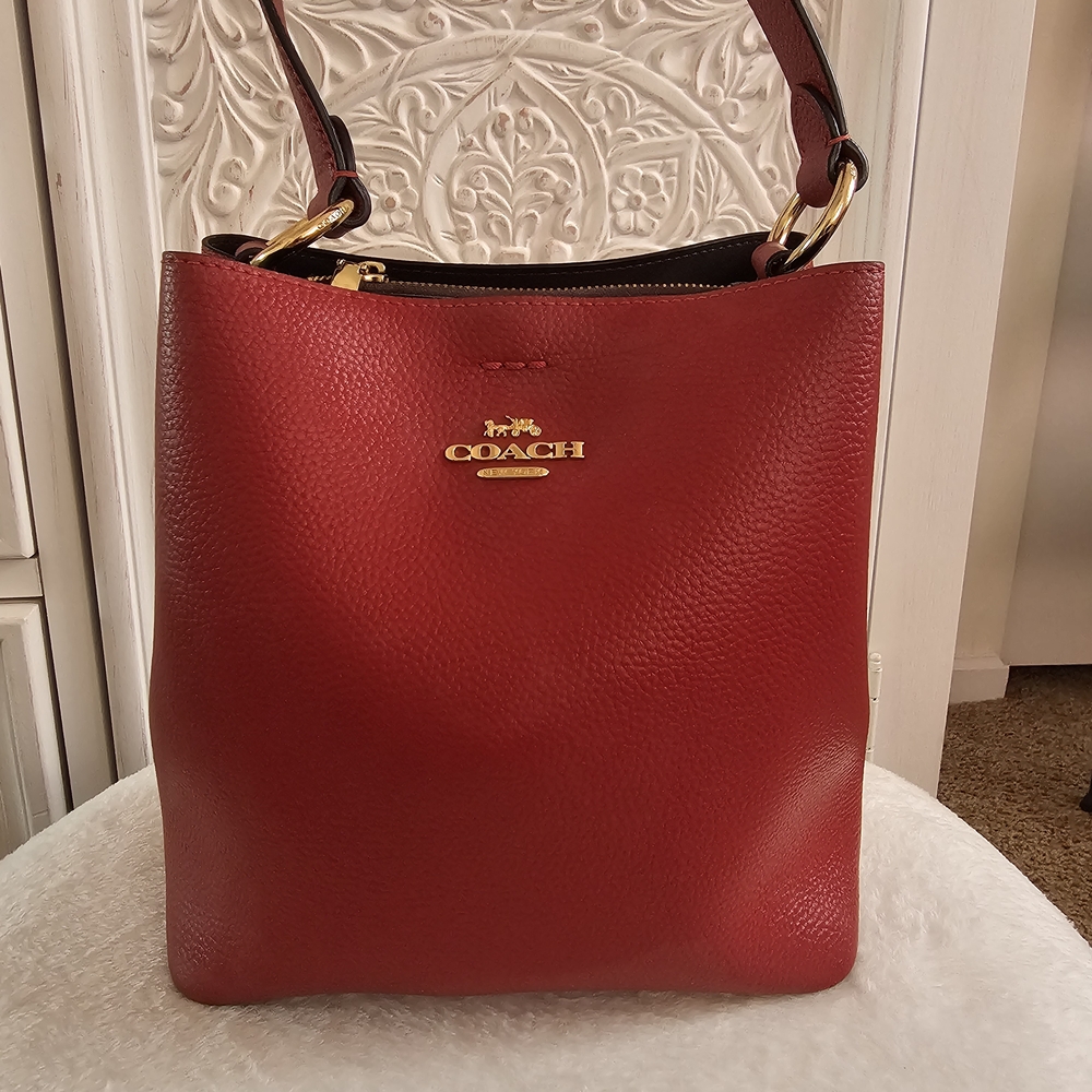 Coach Red Pebbled Leather Shoulder Tote with Gold Hardware